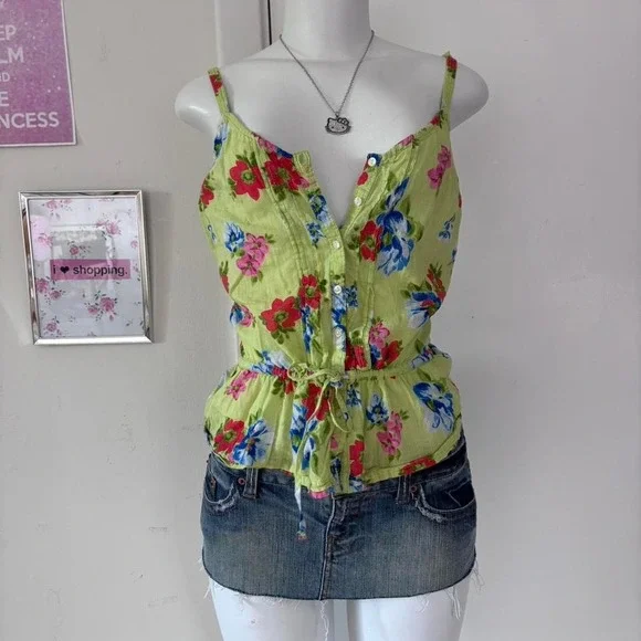 Rare Y2K Abercrombie & Fitch Floral Tank Top – Lime Green Babydoll Style - Picture 5 of 7